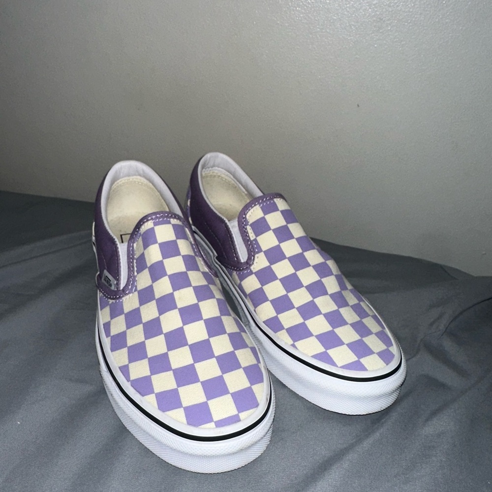 Vans Purple and Cream Checkered Slip-On Sneakers